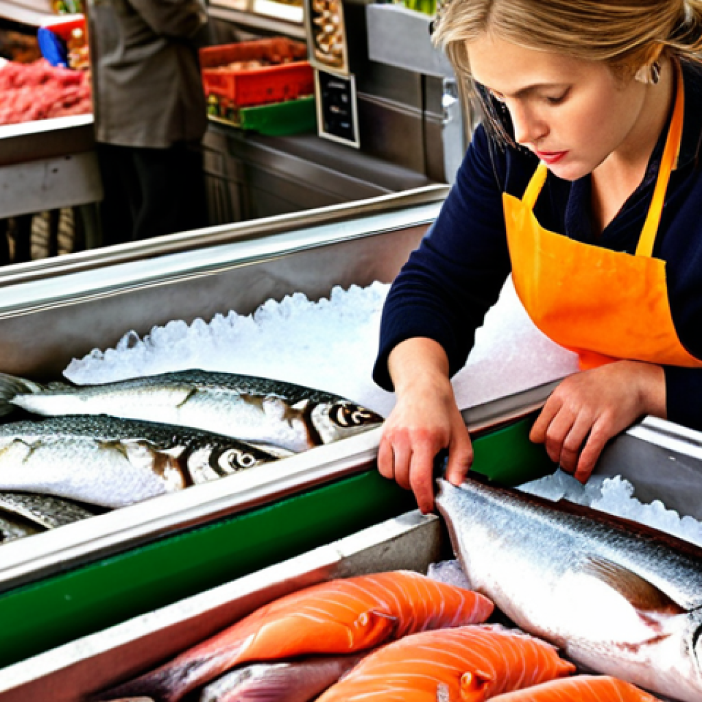 **Image:** A Dutch market scene with a fishmonger displaying fresh fish on ice. Focus on a woman carefully selecting a mackerel, examining its eyes and gills. Emphasize the vibrant colors and freshness of the seafood.
