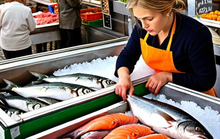 **Image:** A Dutch market scene with a fishmonger displaying fresh fish on ice. Focus on a woman carefully selecting a mackerel, examining its eyes and gills. Emphasize the vibrant colors and freshness of the seafood.